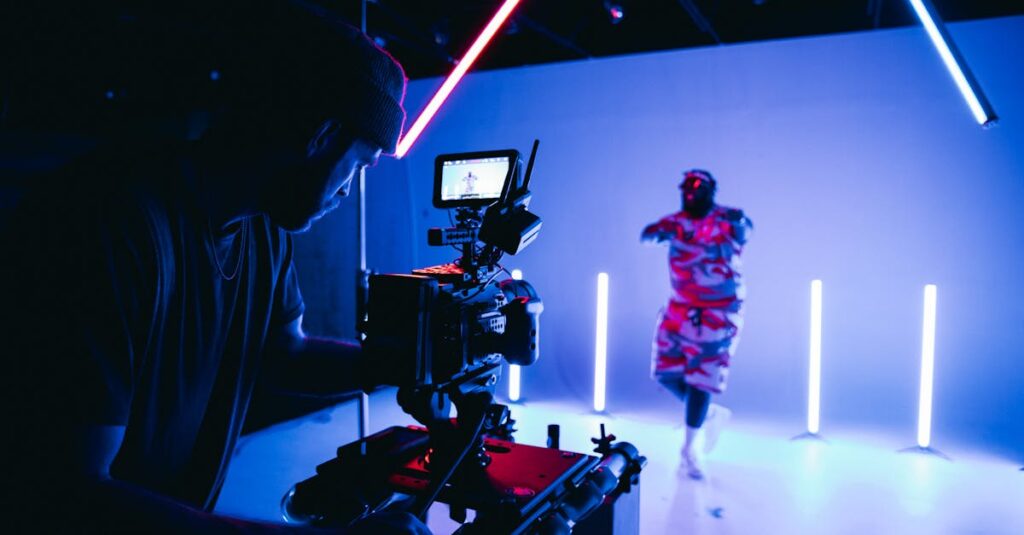 Behind-the-scenes look at a studio shoot with neon lights and camera crew.